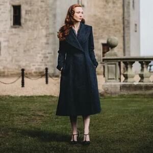 Scotland Wool Harris Tweed Navy Herringbone Coat Elizabeth Martin UK XXL US 20